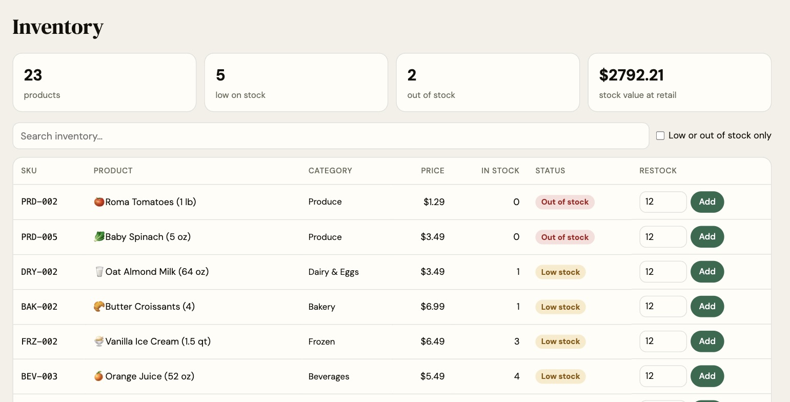 Inventory with totals, low and out of stock badges, and restock controls.