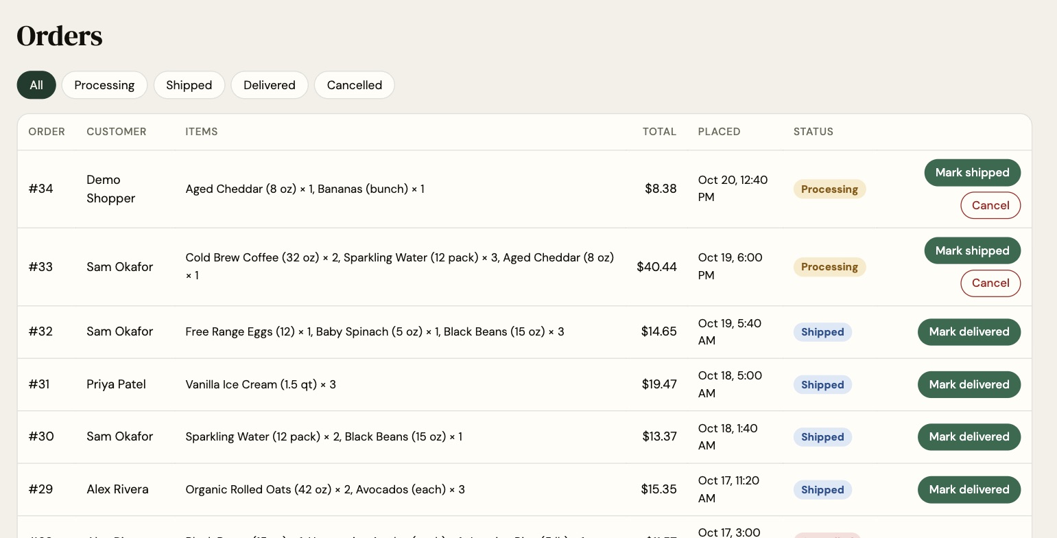 Orders table with status badges and Mark shipped, Cancel and Mark delivered buttons.