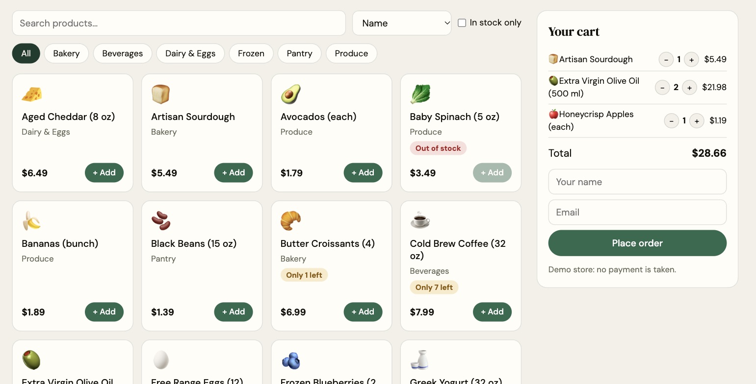 The Fresh Market storefront: product cards with prices and stock warnings, category filters, and a cart with three items totaling $28.66.